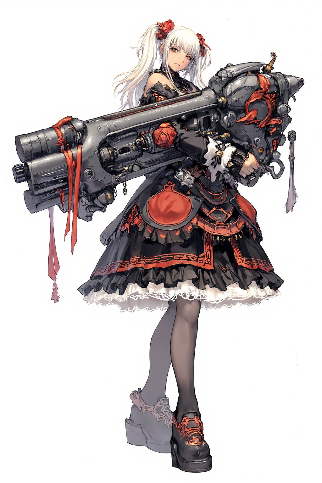 1girl,Anime-style illustration of a fierce young woman, wielding an enormous gatling gun, Character: dual-colored hair, (white and gold twintails), red flower accessories,Outfit: black and red dress with goth-inspired details, thigh-high boots. Expression: determined, slightly cocky smile,Pose: dynamic, holding massive weapon, body turned slightly,
Gatling gun: oversized, futuristic design. Black metal body with red accents and glowing parts. Multiple rotating barrels, complex mechanical details. Gun larger than the character herself,
Color scheme: primarily black and red with white accents,Style: highly detailed anime art, clean lines, emphasis on mechanical designs. Background: plain white, focus entirely on character and weapon.
Additional details: red ribbon-like elements flowing from dress and gun, intricate patterns on clothing and weapon, slight metallic sheen on gun parts. Overall impression: powerful, stylish fusion of traditional Asian aesthetics with futuristic weaponry.,Anime Style,fantasy girl,\mechako\, plasma gun