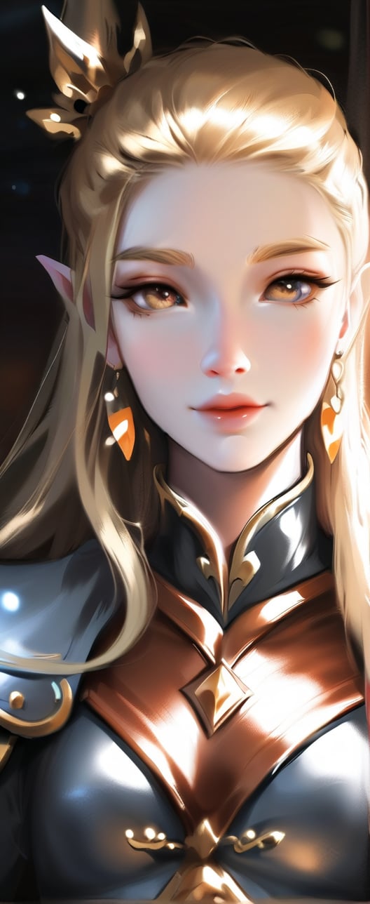 Create an enchanting image of a solo elf girl with long blonde hair, adorned with a hair ornament, and captivating brown eyes. She wears a leotard and armor, showcasing her large breasts and cleavage, with shoulder armor and pauldrons. She holds a sword, leaning forward in a dynamic cowboy shot, her earrings and jewelry adding elegance. The scene is indoors, with a blurry background enhancing her solo focus. The lighting is cinematic, using golden hour and warm sunset tones, with soft and dynamic shadows. The image is captured in a dynamic view with a splitter effect, styled to be cute, hot, and shiny. Rendered in Octane Render with HDR, anisotropic filtering, and depth-of-field for maximum clarity and sharpness, resembling an analog 8mm film with chromatic aberration. This highly detailed UHD wallpaper is perfect for a stylish and eye-catching display.