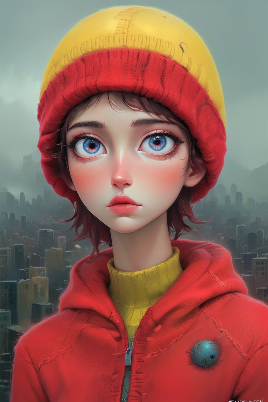 dystopian style,  beautiful (a girl in a yellow lemon sports jacket and a knitted red hat with earflaps),  against the bac...