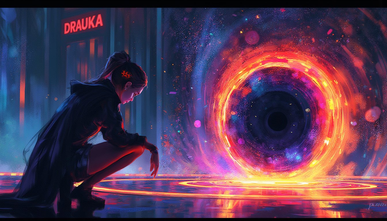 In the vibrant world of At the Gates, Viktorija Moody's Game art, Amber and Resplendent Dynamic captures a moment,

An intricate digital illustration of a woman with a solitary figure, the woman is crouching at a point of symmetry and holding a lit-up object in her right hand. The lights are in a black hole surrounded by cosmic force fields, creating a circular pattern of light and dark. The galaxy galaxy is a spiral galaxy, causing the light to be illuminating the woman and the surrounding chaos. The background is a galaxy of stars and nebulae, creating a sense of depth and motion.

 The background is blurred, which creates a sharp contrast with the character's outfit.

with a text in the upper right corner that reads "DRAUKA".

volumetric lighting, brutalism. Framed at 270mm with a shallow depth of field. 

art, colored pencil, sketch, painting, paper texture,art_solyanka,SKP-highly detailed,SamYoung_Illustration,fluxtration,ohwx style,Curi,1xcurx1,2xcurx2,1xcurx1,2xcurx2,1xcurx1,Xpoolx,Xshortx,Xmilitaryx,Xbeachx,Xmilitaryx,XCheckeredx 