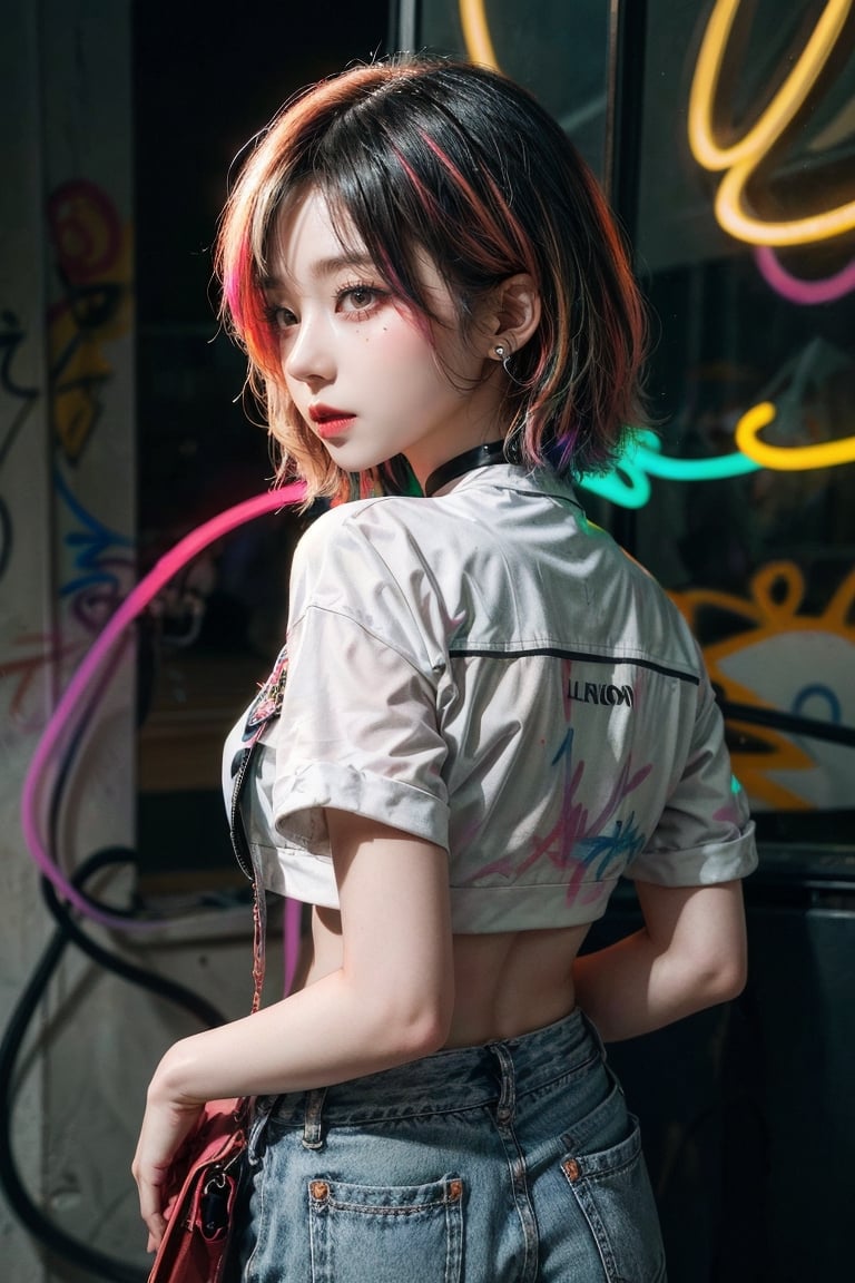 (Masterpiece:1.2, high quality), (ultra detailed background and character:1.4), (illustration), (graffiti_style:1.5), (multicolored drawing:1.8), (Black hair, bobcut), (from_Backside, from_above), ((portrait)), 1girl, Multiple earrings, (choker), wind, A mixed media piece featuring a high school girl on a rooftop, looking out at the town that spreads out in front of her. The piece combines painting and collage, with the vibrant colors of the city reflected in the girl clothing and hair. The girl profile is rendered in bold lines, emphasizing her youth and vitality against the urban backdrop. The mixed media aspect of the piece adds texture and depth, giving the image a sense of movement and life. (neon:1.3), neon sign,
27 year old korean girl, korean pop idol style, beautiful face,Realism