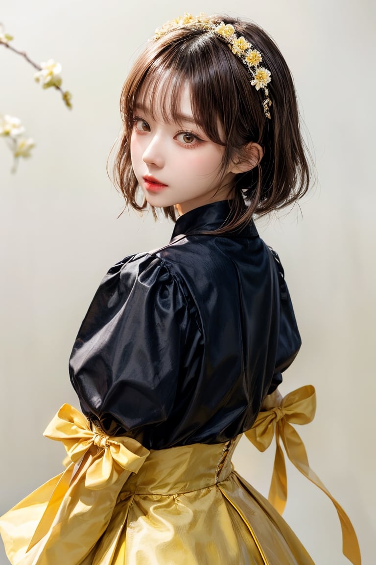 best quality, masterpiece, aesthetic, 1girl, artist name, bangs, black hair, blush, brown hair, cowboy shot, 
dated, flower, food, fruit, holding, leaf, long sleeves, looking at viewer, neck ribbon, 
plant, ribbon, short hair, signature, simple background, solo, upper body, white background, yellow flower, 
yellow ribbon, yellow shirt, yellow theme, skirt, shirt, twintails, hairband, puffy sleeves, black skirt, white flower, 
short twintails, puffy long sleeves, covered mouth, holding flower,Exquisite face,

27 year old korean girl, korean pop idol style, beautiful face