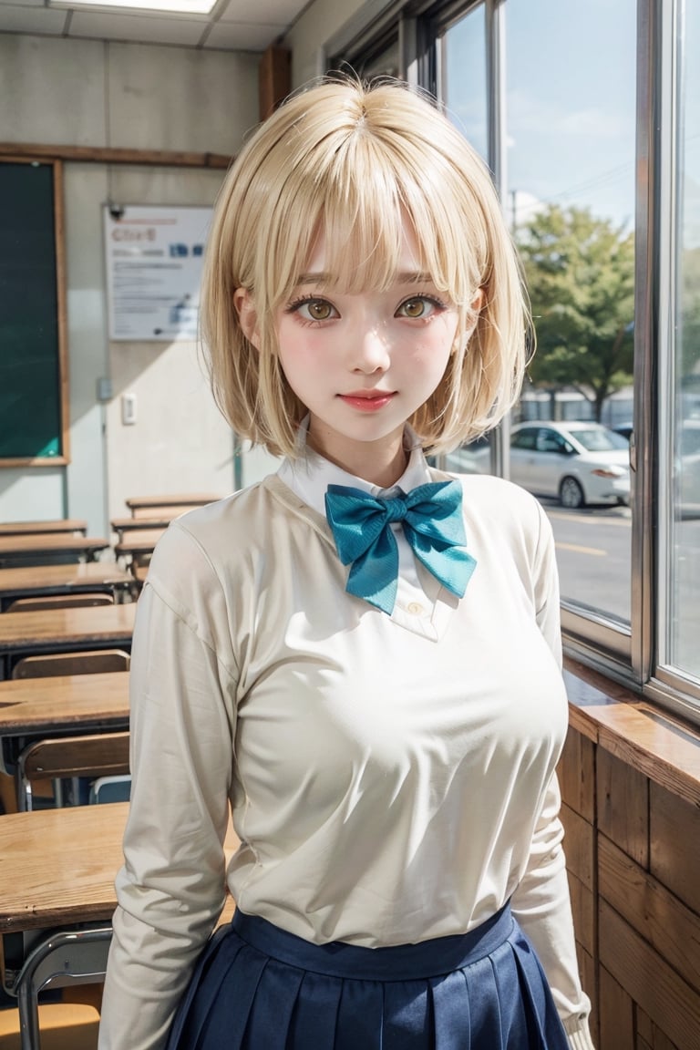 (masterpiece, best quality:1.2),
1girl,
28 year old korean girl, korean pop idol style, beautiful face,
eft_shikimori_yellow,  bow, smile, 
(blonde hair:1.4), wide hips, Sweat, slender body, large breasts,
window, bowtie, looking at viewer, short hair, blue bow, upper body, yellow eyes, sweater, shirt, school uniform, long sleeves, bangs, blue bowtie, white shirt, indoors, blunt bangs, aqua bow, classroom, orange eyes, collared shirt,  
bob cut, skirt,eft_shikimori_yellow