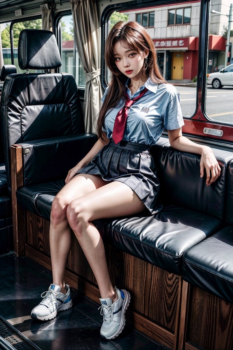 ((master piece)),((beautiful korean school girl)), 1girl,skirt ,panty hose
tight_clothes, white long hair , sneakers , sitting inside a bus,two leg, Realism,
korean 20yo girl, school girl,wide hips,
slender body, large breasts, ((skirt_lift)),cute school 1 bag,
tie, red shirt, skirt, 
knees_together_feet_apart, sitting, sit
