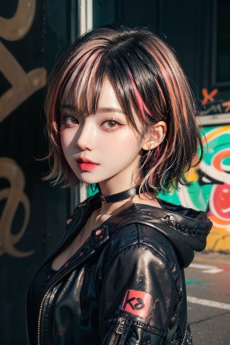 (Masterpiece:1.2, high quality), (ultra detailed background and character:1.4), (illustration), (graffiti_style:1.5), (multicolored drawing:1.8), (Black hair, bobcut), ((portrait)), 1girl, Multiple earrings, (choker), wind, A mixed media piece featuring a high school girl on a rooftop, looking out at the town that spreads out in front of her. The piece combines painting and collage, with the vibrant colors of the city reflected in the girl clothing and hair. The girl profile is rendered in bold lines, emphasizing her youth and vitality against the urban backdrop. The mixed media aspect of the piece adds texture and depth, giving the image a sense of movement and life. (neon:1.3), neon sign, (looking at viewer seductively:1.5),
27 year old korean girl, korean pop idol style, beautiful face,Realism,Portrait