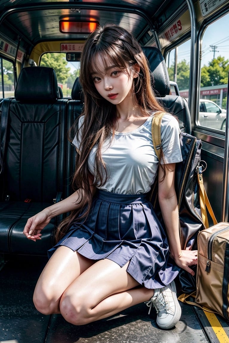 ((master piece)),((beautiful korean school girl)), 1girl,skirt ,panty hose
tight_clothes, white long hair , sneakers , sitting inside a bus,two leg, Realism,
korean 20yo girl, school girl,wide hips,
slender body, large breasts, ((skirt_lift)),cute school 1 bag,
tie, school yellow shirt, skirt, 
seiza, one_knee, knees_together_feet_apart, kneeling, bound_knees, sitting, sit
