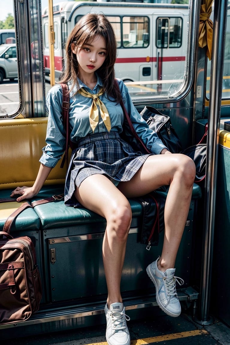 ((master piece)),((beautiful korean school girl)), 1girl,skirt ,panty hose
tight_clothes, white long hair , sneakers , sit inside a bus,two leg, Realism,
korean 20yo girl, school girl,wide hips,
slender body, large breasts, ((skirt_lift)),cute school 1 bag,skirt lift, skirt lift,
tie, yellow plaid shirt, skirt, yellow student uniform,
