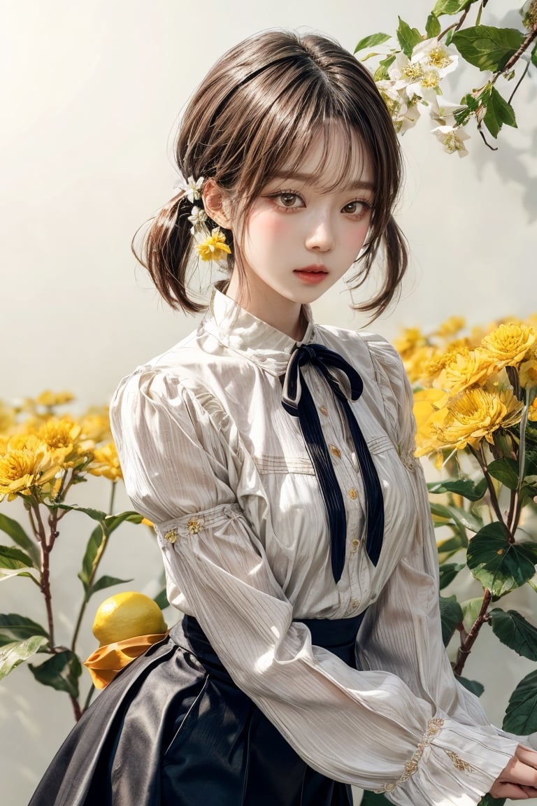 best quality, masterpiece, aesthetic, 1girl, artist name, bangs, black hair, blush, brown hair, cowboy shot, 
dated, flower, food, fruit, holding, leaf, lemon, lemon slice, long sleeves, looking at viewer, neck ribbon, 
plant, ribbon, short hair, signature, simple background, solo, upper body, white background, yellow flower, 
yellow ribbon, yellow shirt, yellow theme, skirt, shirt, twintails, hairband, puffy sleeves, black skirt, white flower, 
short twintails, puffy long sleeves, covered mouth, holding flower,Exquisite face,

27 year old korean girl, korean pop idol style, beautiful face