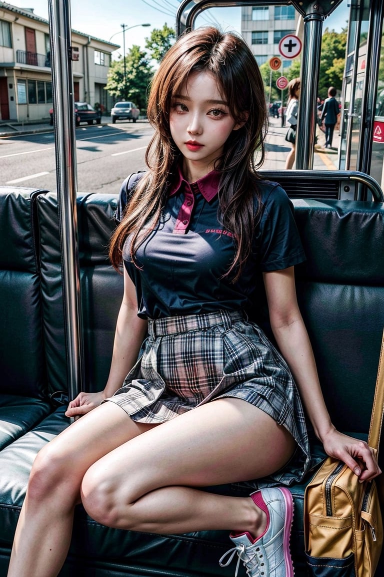 ((master piece)),((beautiful korean school girl)), 1girl,skirt ,panty hose
tight_clothes, white long hair , sneakers , sit inside a bus,two leg, Realism,
korean 20yo girl, school girl,wide hips,
slender body, large breasts, ((skirt_lift)),cute school 1 bag,skirt lift, skirt lift,
tie, yellow plaid shirt, skirt,  student uniform,
