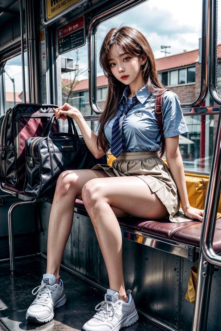 ((master piece)),((beautiful korean school girl)), 1girl,skirt ,panty hose
tight_clothes, white long hair , sneakers , sitting inside a bus,two leg, Realism,
korean 20yo girl, school girl,wide hips,
slender body, large breasts, ((skirt_lift)),cute school 1 bag,
tie, school yellow shirt, skirt, 
knees_together_feet_apart, sitting, sit
