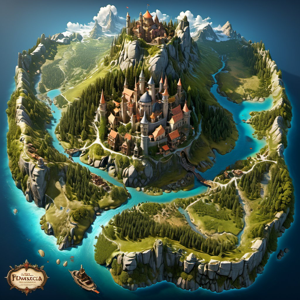 fantasy realm large-scale map in style of Gerard Mercator,  several town,  1 castle by JulienWolfkiller  on Tensor.Art