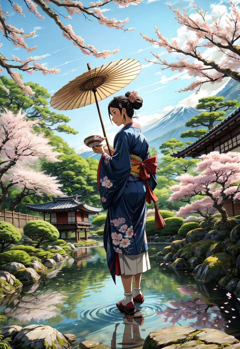 (masterpiece, best quality:1.4), (intricate, 8k, uhd), (realistic), (sharp focus), (extremely detailed), Ghibli,Miyazaki, anime, edo period, natural lighting, from front, full body,

A Japanese peasant woman, gracefully situated in the picturesque landscapes of that era. 32 years old, (smile:0.6), her black hair impeccably styled, adorned with traditional hair accessories, reflecting the cultural nuances of the time. She wears a meticulously crafted kimono, a symbol of both modesty and sophistication. The character's deep brown eyes exude a sense of cultural pride and resilience. Authentic features capture the beauty and grace of Edo period life.

Surrounded by meticulously tended gardens, traditional tea houses, and the distant silhouette of Mount Fuji. the sky is a clear blue. The style is inspired by Studio Ghibli's Hayao Miyazaki.

The character may be engaged in a traditional task such as tending to a tea ceremony, arranging flowers, or strolling along a tranquil pathway. The soft sunlight filters through the branches of cherry blossom trees
,best quality