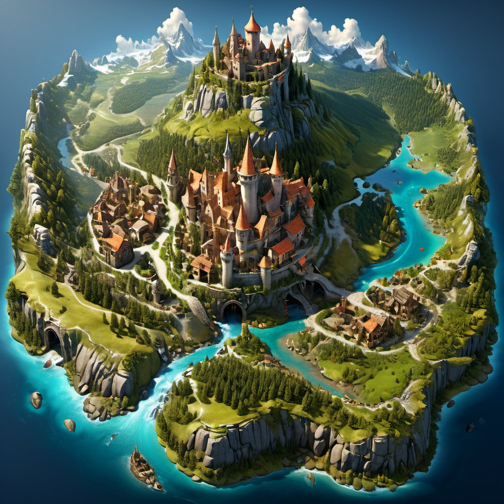 fantasy realm large-scale map in style of Gerard Mercator,  several town,  1 castle by JulienWolfkiller  on Tensor.Art