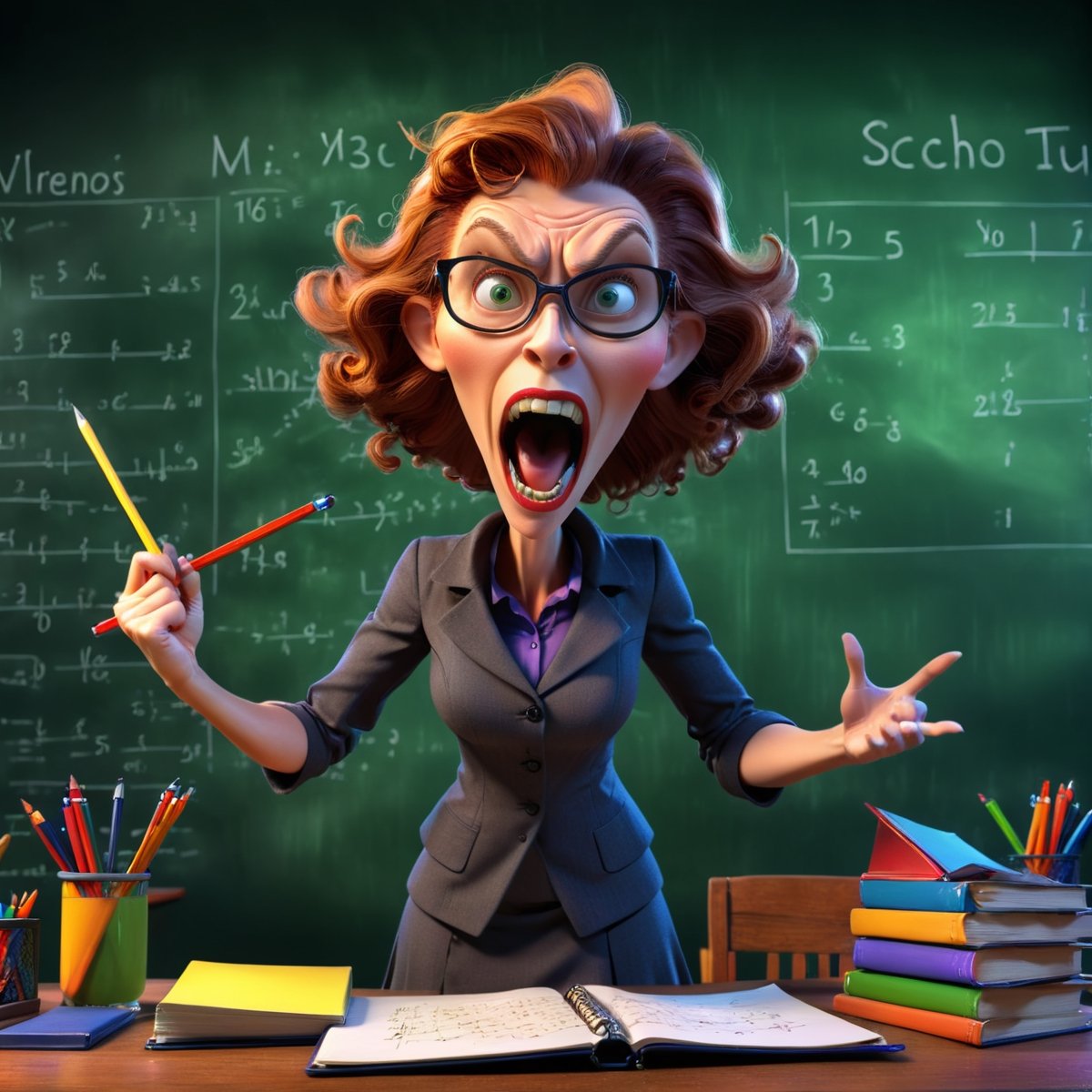 a severe wicked woman teacher on a 3D background with dynamic lighting, vibrant colors, and HDR effects. fury, she brandished a ruler in her hand, there are notebooks on the table, the board is full of formulas, Classroom background with lot of school details, lot of school thing on the desk