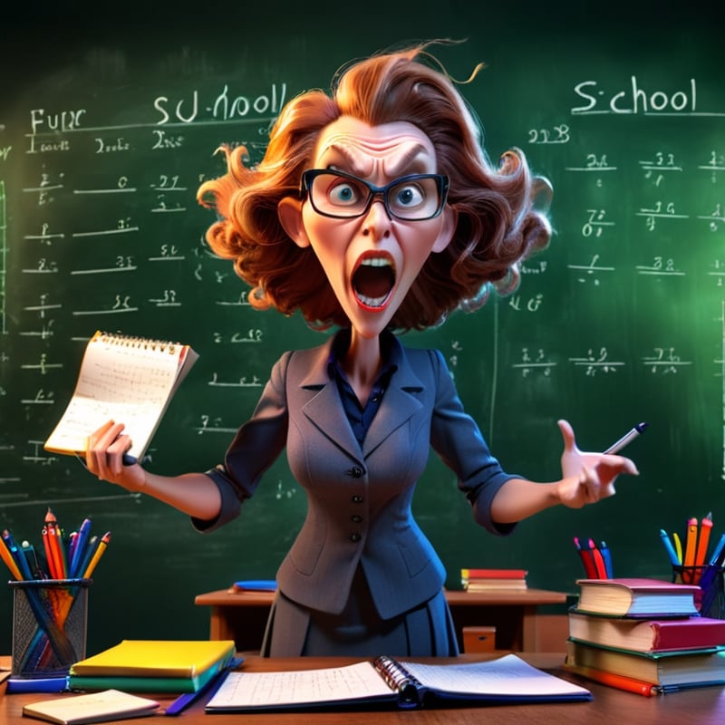 a severe wicked woman teacher on a 3D background with dynamic lighting, vibrant colors, and HDR effects. fury, she brandished a ruler in her hand, there are notebooks on the table, the board is full of formulas, Classroom background with lot of school details, lot of school thing on the desk