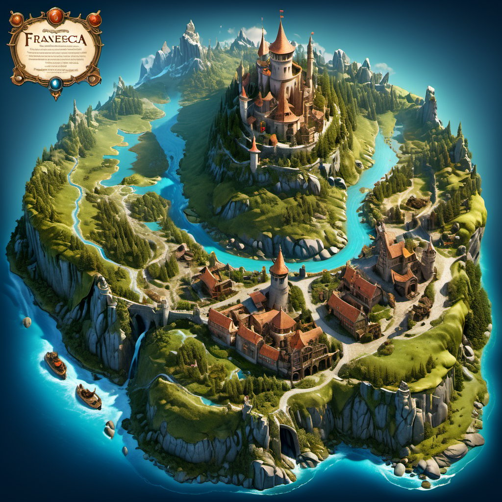 fantasy realm large-scale map in style of Gerard Mercator,  several town,  1 castle by JulienWolfkiller  on Tensor.Art