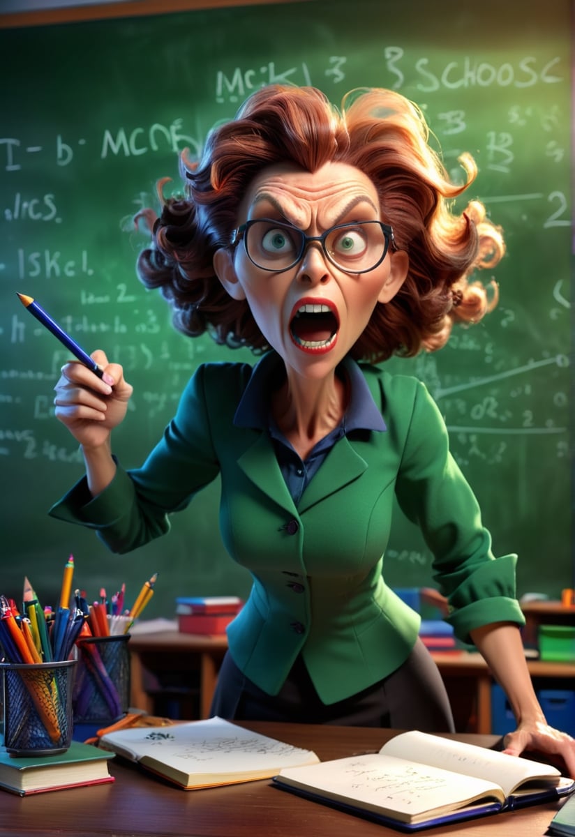 a severe wicked woman teacher on a 3D background with dynamic lighting, vibrant colors, and HDR effects. fury, she brandished a pen in her hand, there are notebooks on the table, the board is full of formulas, Classroom background with lot of school details, lot of school thing on the desk