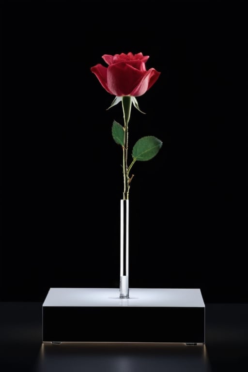 ArtMachina, cyb-3d-art, masterpiece, best quality, ultra quality, levitating crystal rose, 3D, artistic, aestethic, minimalistic style, simple composition, majestic art, dark background, levitating,photo r3al, cinematic moviemaker style