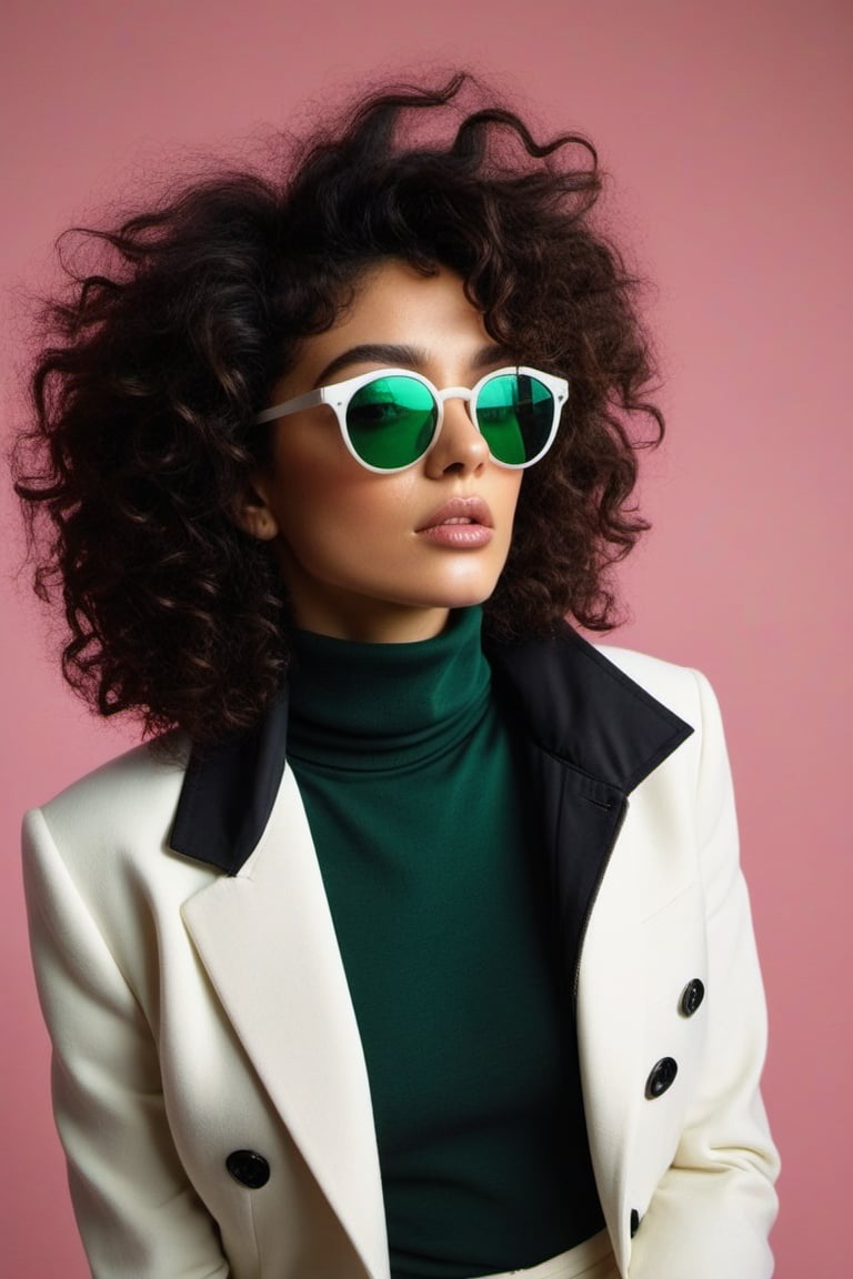 (((Iconic fashion magazine cover photo but extremely beautiful))) (((Black curly messy hair shot with black sunglasses wit...