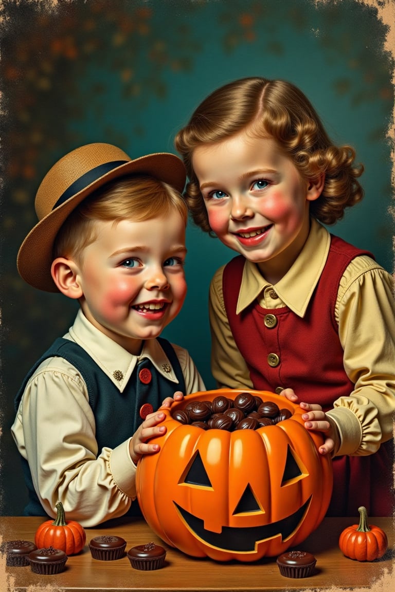 (((vintage 40s age style portrait boys and girls,  Halloween,  candy and chocolates vibrant colors by mal2 on Tensor.Art