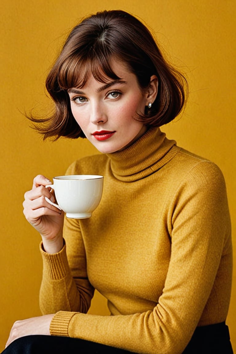 (((Iconic 1960s age style extremely beautiful)))
(((The image is a stylized portrait, likely created for artistic or fashion purposes. The subject's pose and attire suggest a contemporary setting with vintage influences. The solid color background focuses attention on the subject and her expression)))
(((black sweater long sleeves turtleneck)))
(((holding taza de té,
(((Simple minimalist yellow colors backgroun)))
(((looking at viewer)))
(((short hair, bangs)))
(((masterpiece,minimalist,hyperrealistic,photorealistic))) 
(((By Annie Leibovitz style,by Wes Anderson style)))