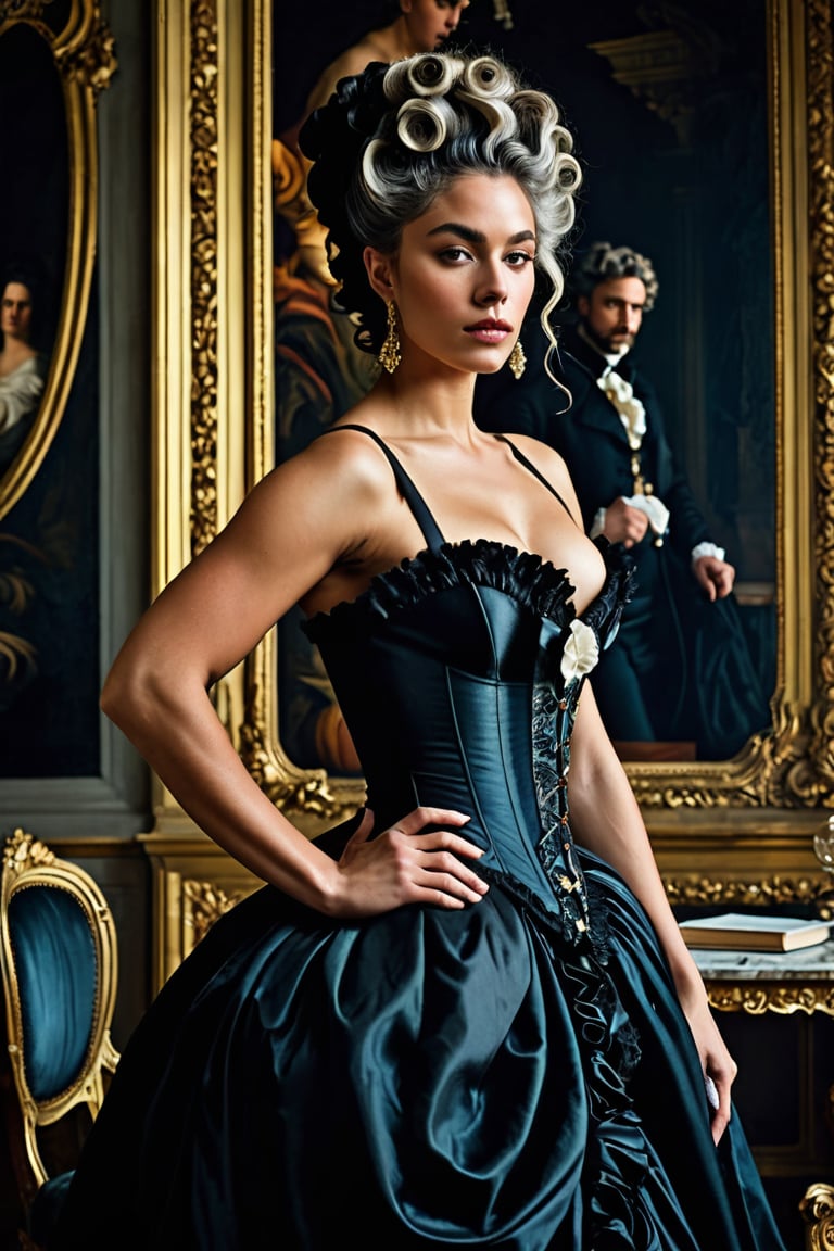 (((Iconic classical style 1800s extremely beautiful)))
(((Rococo style melancholic))) 
(((black Rococo style hair)))
(((Beautiful Gorgeous,muscular, voluptuous, sexy, athletic))) 
(((Chiaroscuro vivid colors background))) 
(((masterpiece,minimalist,epic, hyperrealistic,photorealistic))) (((view very zoom,view profile, Wide angle))) 
(((By Annie Leibovitz style,by caravaggio style)))