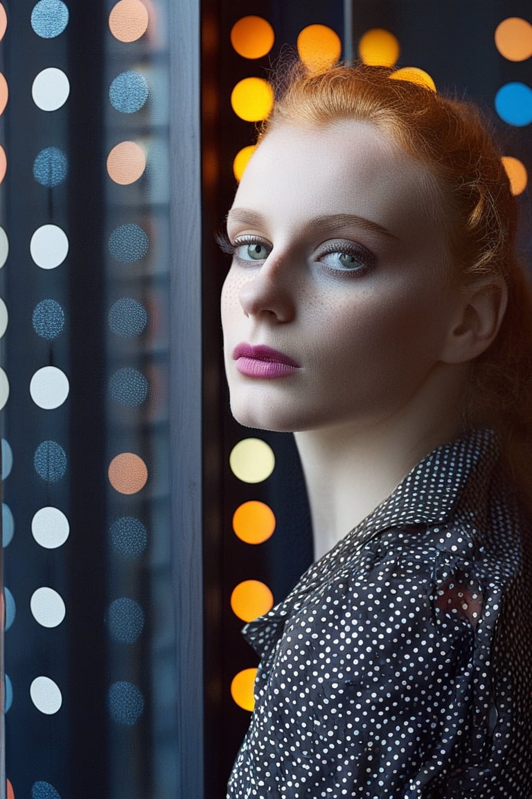 girl looks out of a window, in the style of conceptual light sculptures, polka dots, fashion photography, opaque resin panels, luminous shadows, close-up