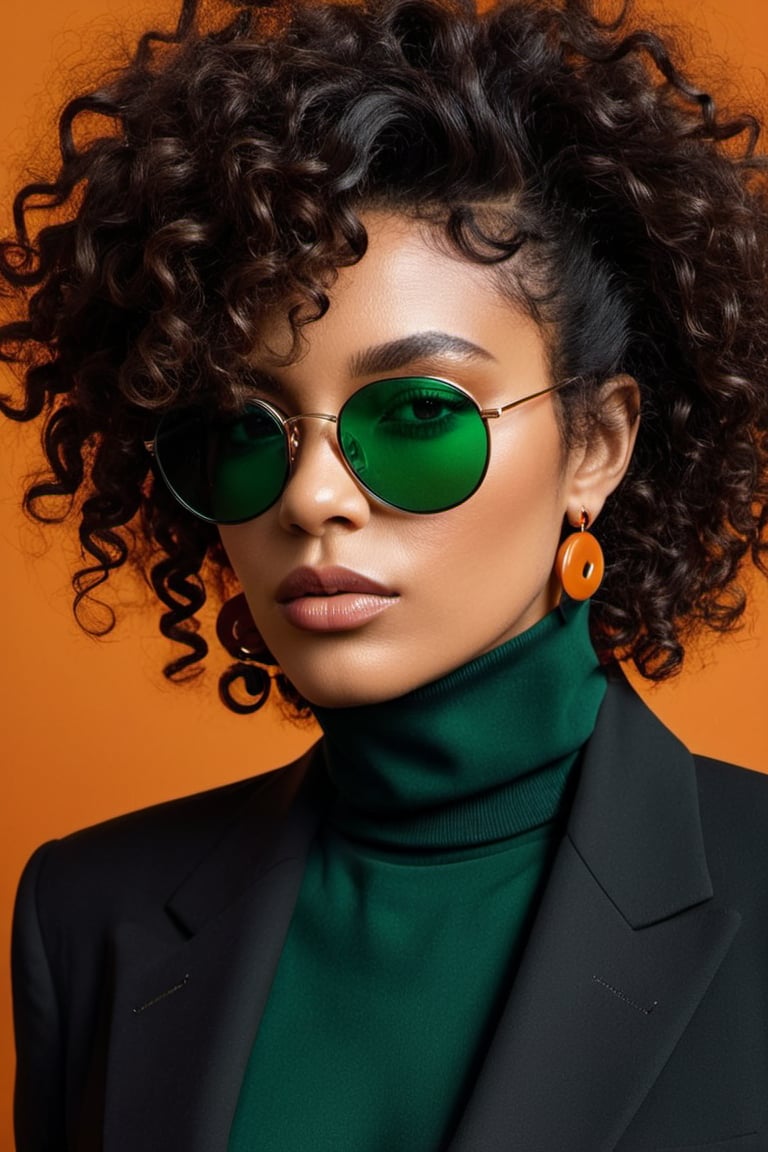 (((Iconic fashion magazine cover photo but extremely beautiful))) (((Black curly messy hair shot with black sunglasses wit...