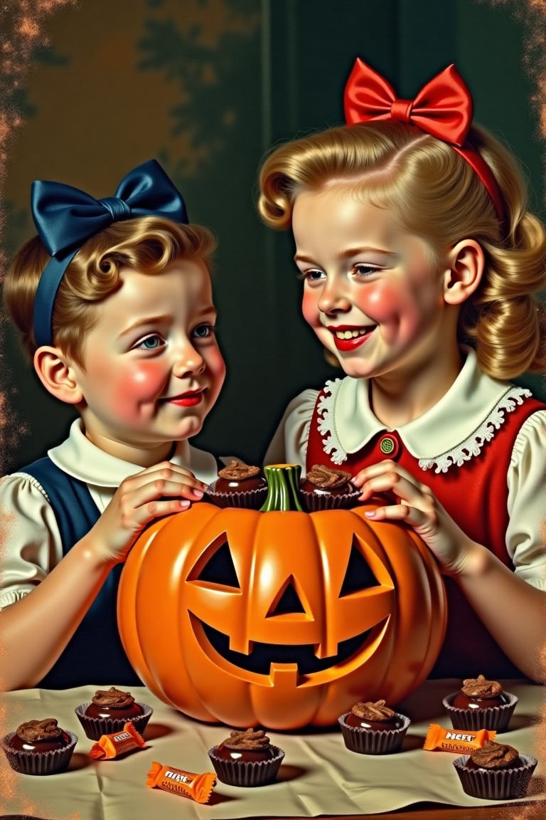 (((vintage 40s age style portrait boys and girls,  Halloween,  candy and chocolates vibrant colors by mal2 on Tensor.Art