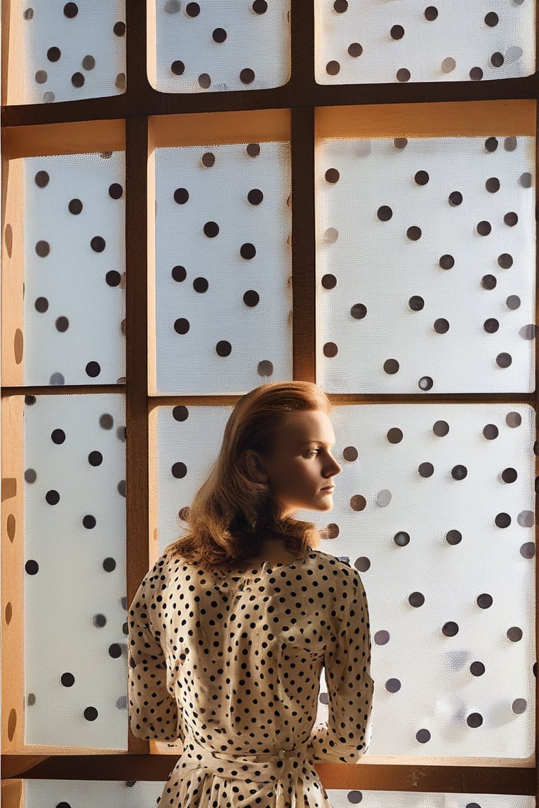 girl looks out of a window, in the style of conceptual light sculptures, polka dots, imaginative prison scenes, fashion photography, opaque resin panels, luminous shadows, close-up