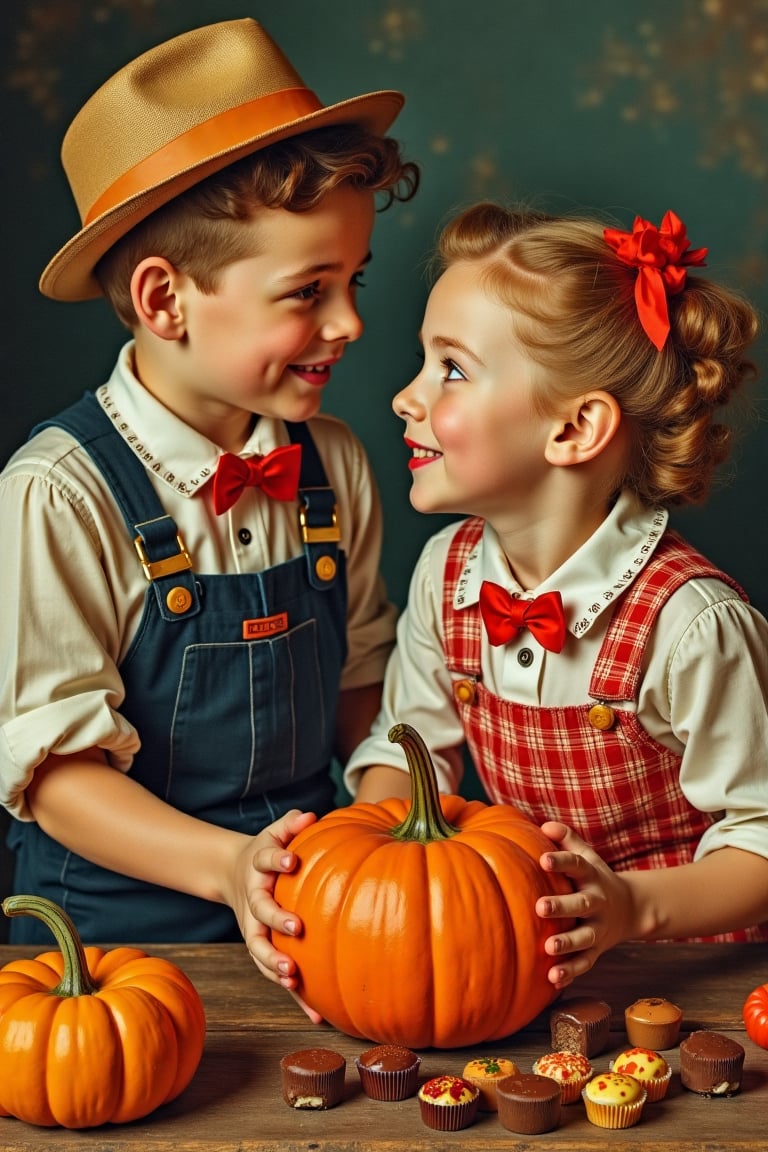 (((vintage 40s age style portrait boys and girls,  Halloween,  candy and chocolates vibrant colors by mal2 on Tensor.Art