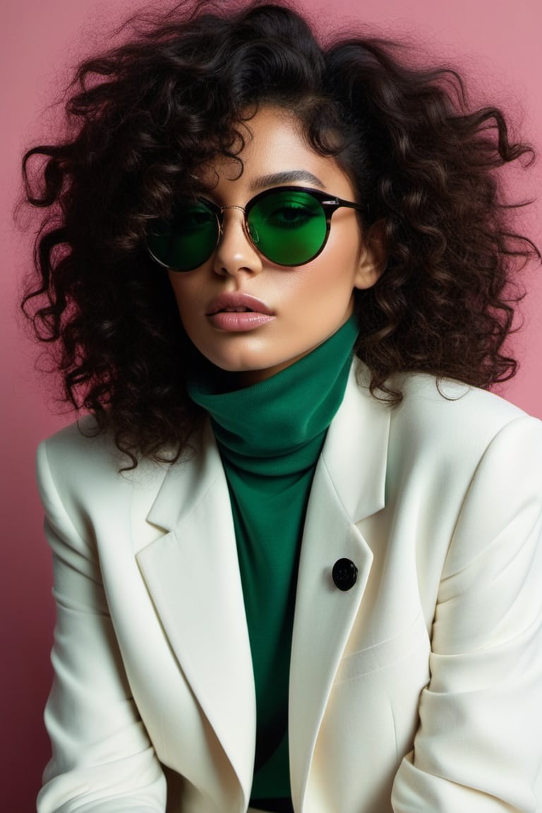 (((Iconic fashion magazine cover photo but extremely beautiful))) (((Black curly messy hair shot with black sunglasses wit...