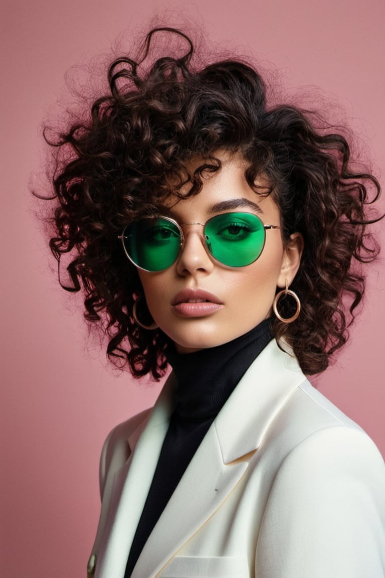 (((Iconic fashion magazine cover photo but extremely beautiful))) (((Black curly messy hair shot with black sunglasses wit...