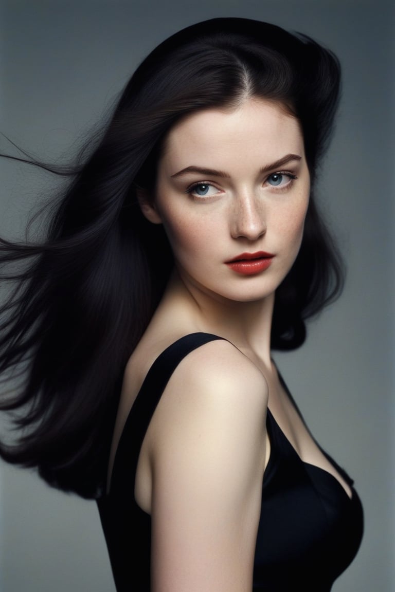 (((Iconic 1940s age style but extremely beautiful))) 
(((black long straight hair 40s age style))) 
(((Pale skin and freckles, gorgeous and Voluptuous))) (((Chiaroscuro, soft light background))) 
(((female action poses))) (((masterpiece,minimalist, hyperrealistic,photorealistic))) (((view zoom,close-up,focal upper torso))) 
(((By Annie Leibovitz style,by Rembrandt style)))