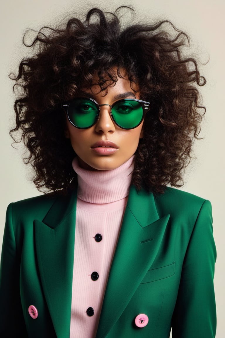 (((Iconic fashion magazine cover photo but extremely beautiful))) (((Black curly messy hair shot with black sunglasses wit...