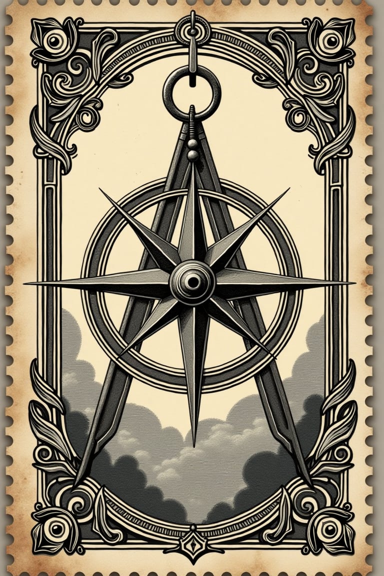 (((A vintage postage stamp of Vintage compass, showcasing classic Victorian-era art with traditional engraving, detailed linework, tarot card-inspired design, and intricate border patterns. The stamp should feature distressed textures, subtle grain, antique paper, hand-drawn elements, and refined, classic typography)))