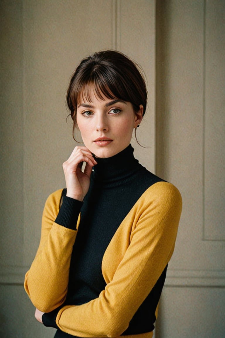 (((Iconic 1960s age style extremely beautiful)))
(((The image is a stylized portrait, likely created for artistic or fashion purposes. The subject's pose and attire suggest a contemporary setting with vintage influences. The solid color background focuses attention on the subject and her expression)))
(((black sweater long sleeves turtleneck)))
(((holding taza de té,
(((Simple minimalist yellow colors backgroun)))
(((looking at viewer)))
(((short hair, bangs)))
(((masterpiece,minimalist,hyperrealistic,photorealistic))) 
(((By Annie Leibovitz style,by Wes Anderson style)))