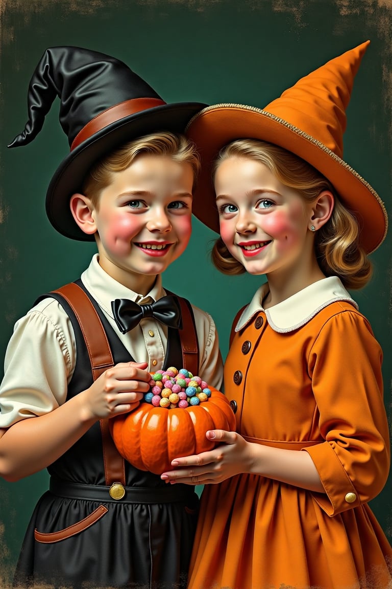 (((vintage 40s age style portrait boys and girls,  Halloween,  candy and chocolates vibrant colors by mal2 on Tensor.Art