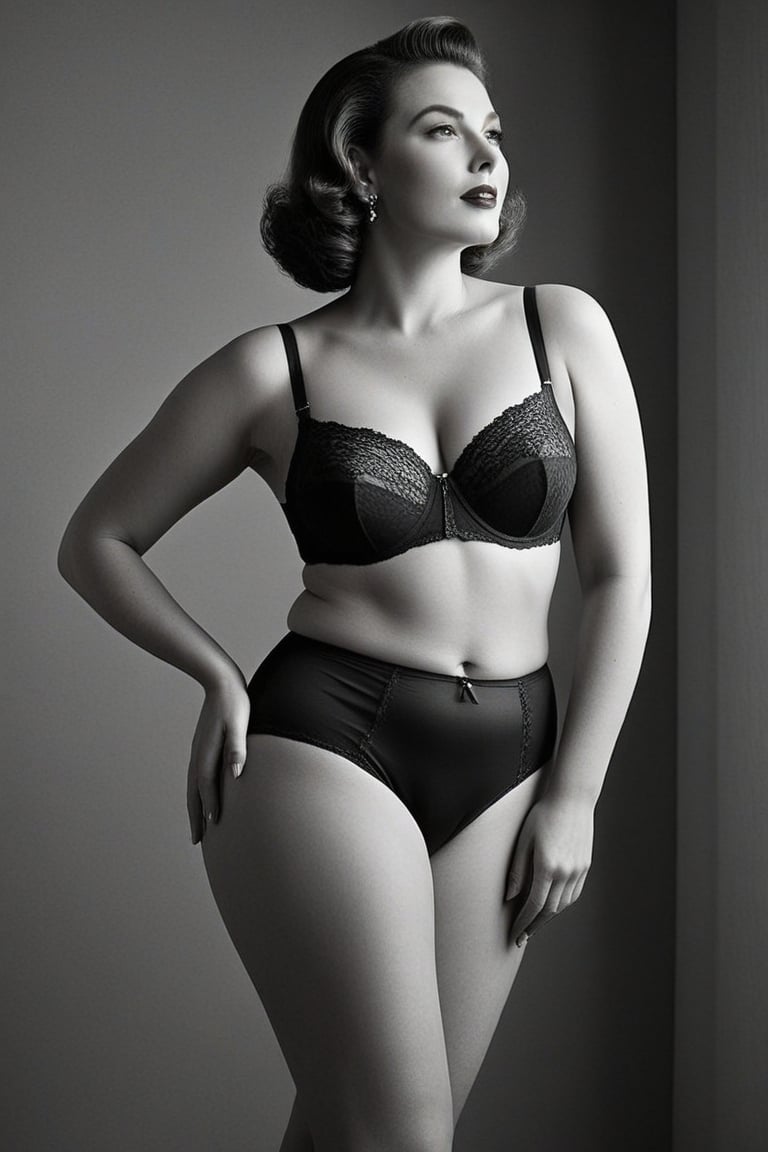 (((Iconic but extremely beautiful)))
(((1950s woman with classic lace underwear black colors)))
(((theme of hapiness)))
(((Gorgeous, voluptuous, sexy)))
(((Chiaroscuro light Solid colors background)))
(((masterpiece,minimalist,epic,
hyperrealistic,photorealistic)))
(((view profile,view detailed )))
(((Monochrome solid colors)))(((Annie Leibovitz style)))