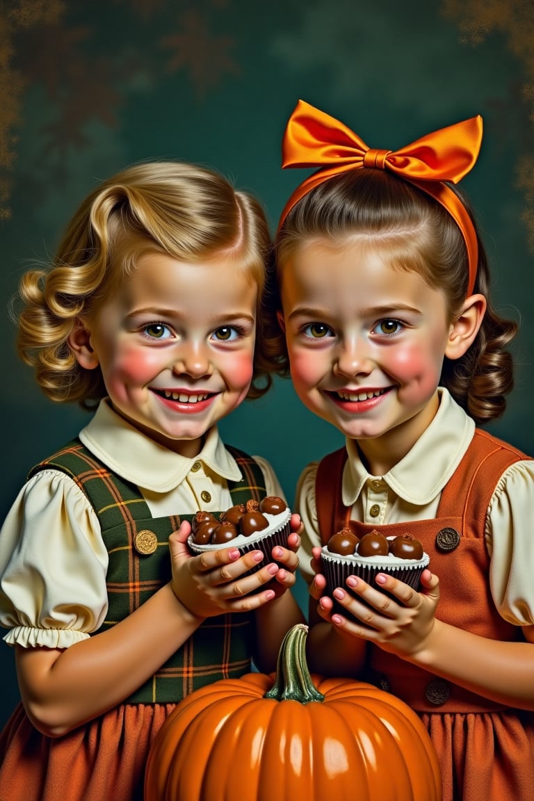 (((vintage 40s age style portrait boys and girls,  Halloween,  candy and chocolates vibrant colors by mal2 on Tensor.Art