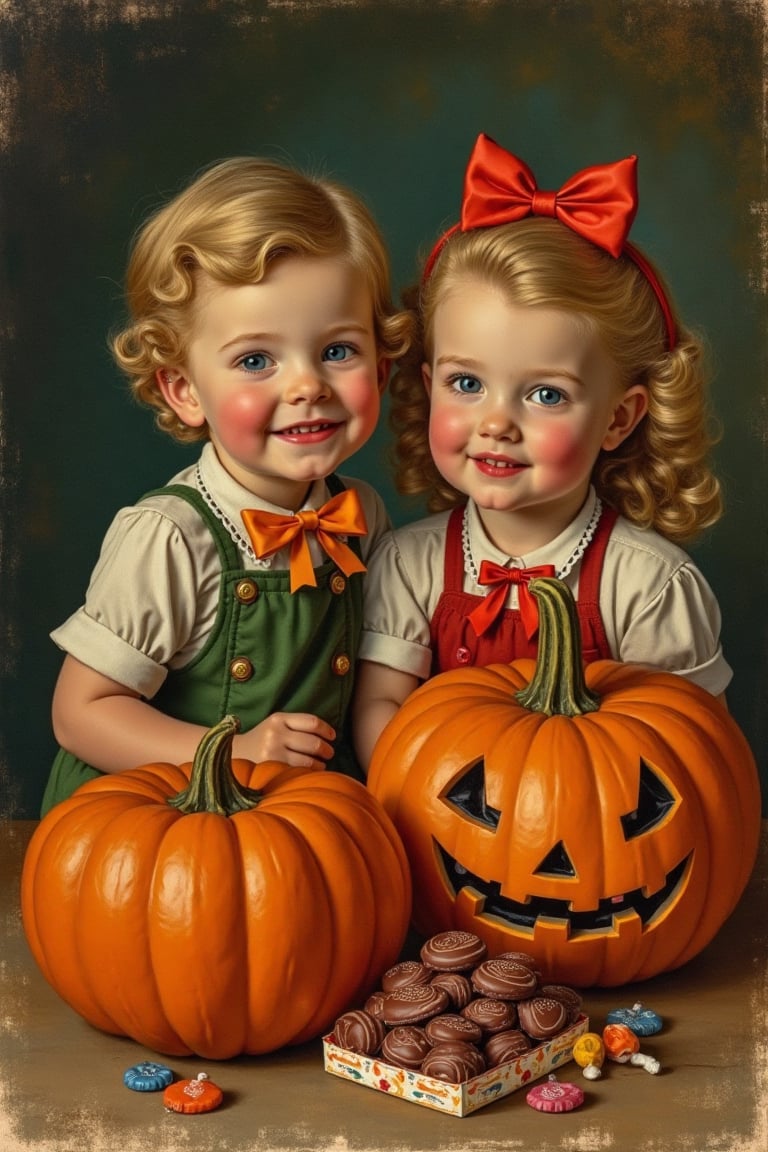 (((vintage 40s age style portrait boys and girls,  Halloween,  candy and chocolates vibrant colors by mal2 on Tensor.Art