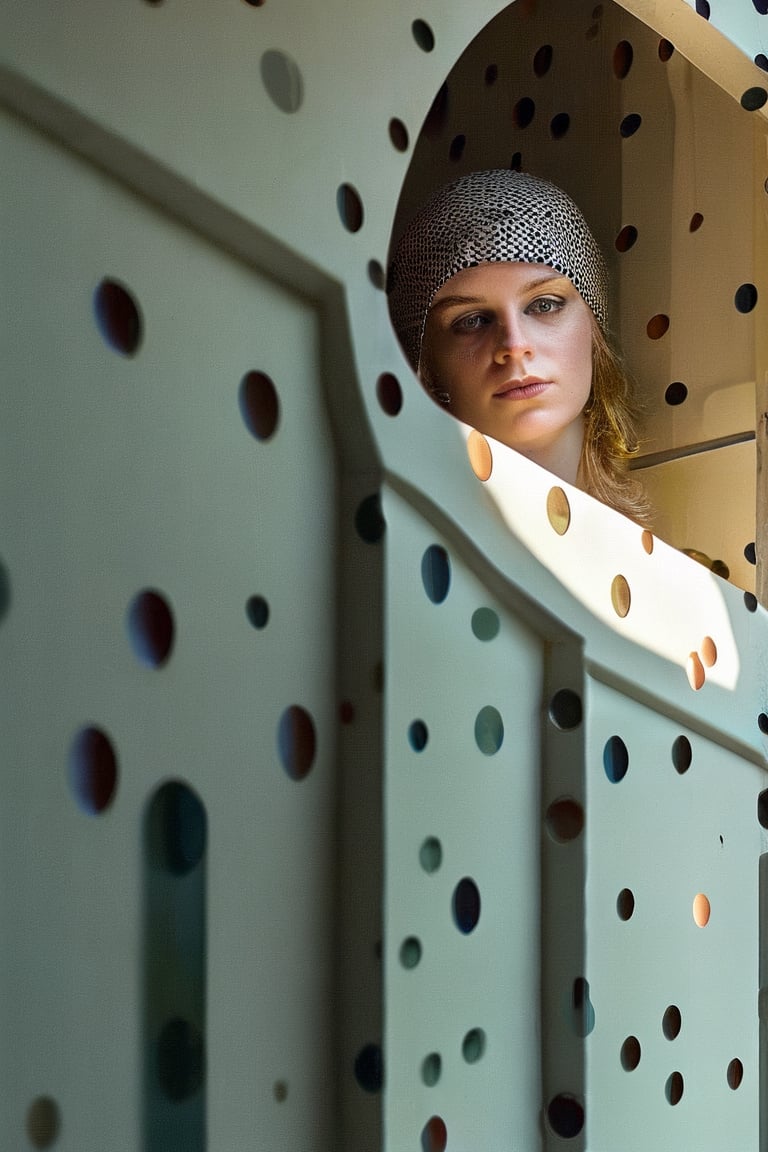 girl looks out of a window, in the style of conceptual light sculptures, polka dots, imaginative prison scenes, fashion photography, opaque resin panels, luminous shadows, close-up