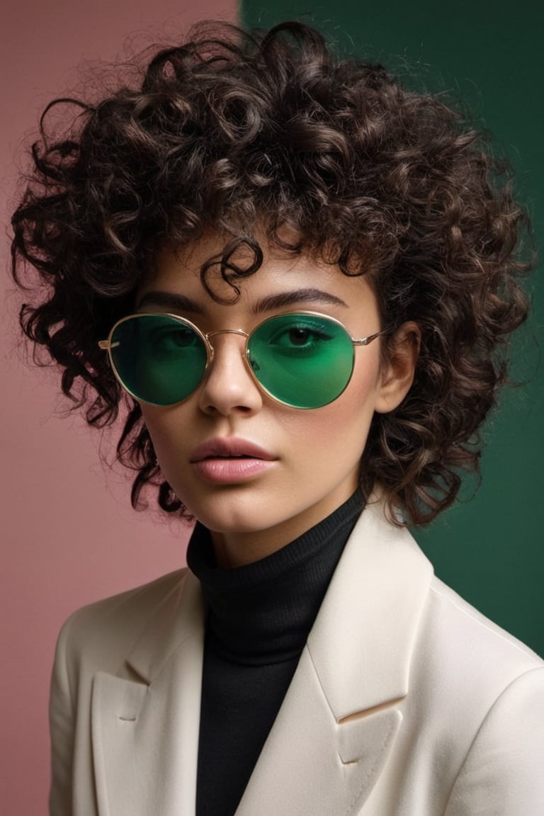 (((Iconic fashion magazine cover photo but extremely beautiful))) (((Black curly messy hair shot with black sunglasses wit...