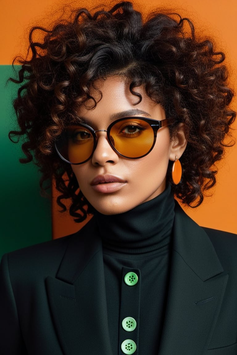 (((Iconic fashion magazine cover photo but extremely beautiful))) (((Black curly messy hair shot with black sunglasses wit...