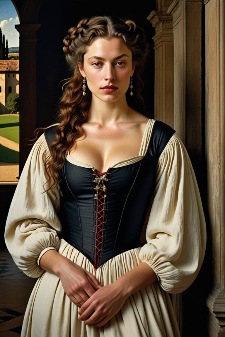 (((Iconic classical style 1500's extremely beautiful)))
(((Medieval style melancholic))) 
(((White large wavy Medieval style hair)))
(((simple peasant dress, worn and patched)))
(((Beautiful Gorgeous,muscular, voluptuous, sexy,sophisticated, athletic))) 
(((Chiaroscuro vivid colors background))) 
(((masterpiece,minimalist,epic, hyperrealistic,photorealistic))) (((view very zoom,view profile, Wide angle))) 
(((By Annie Leibovitz style,by caravaggio style)))