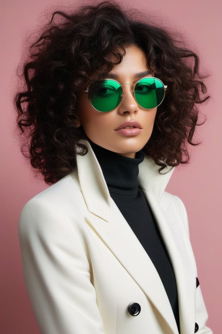 (((Iconic fashion magazine cover photo but extremely beautiful))) (((Black curly messy hair shot with black sunglasses wit...