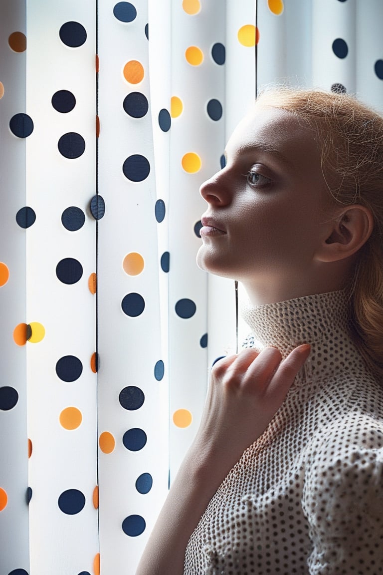 girl looks out of a window, in the style of conceptual light sculptures, polka dots, fashion photography, opaque resin panels, luminous shadows, close-up