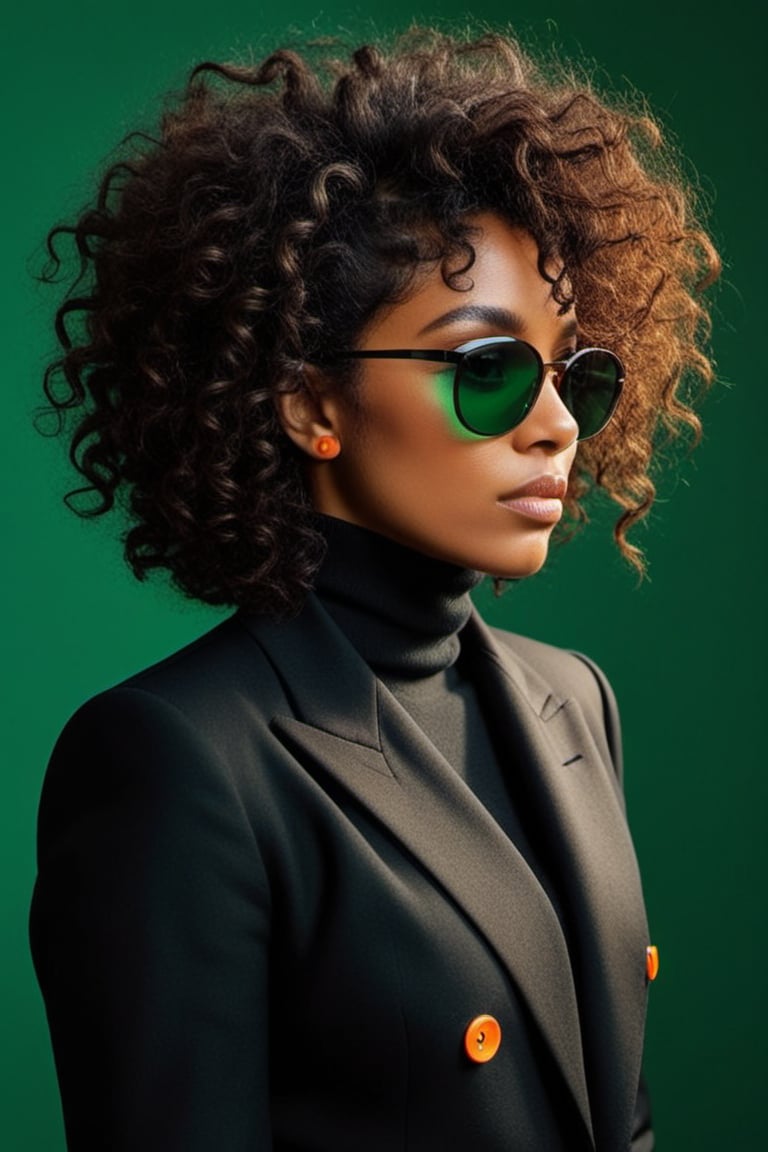 (((Iconic fashion magazine cover photo but extremely beautiful))) (((Black curly messy hair shot with black sunglasses wit...