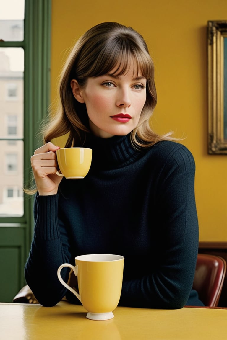 (((Iconic 1960s age style extremely beautiful)))
(((The image is a stylized portrait, likely created for artistic or fashion purposes. The subject's pose and attire suggest a contemporary setting with vintage influences. The solid color background focuses attention on the subject and her expression)))
(((black sweater long sleeves turtleneck)))
(((holding Cup of tea)))
(((Simple minimalist yellow colors backgroun)))
(((looking at viewer)))
((( black short hair bangs)))
(((masterpiece,minimalist,hyperrealistic,photorealistic))) 
(((By Annie Leibovitz style,by Wes Anderson style)))