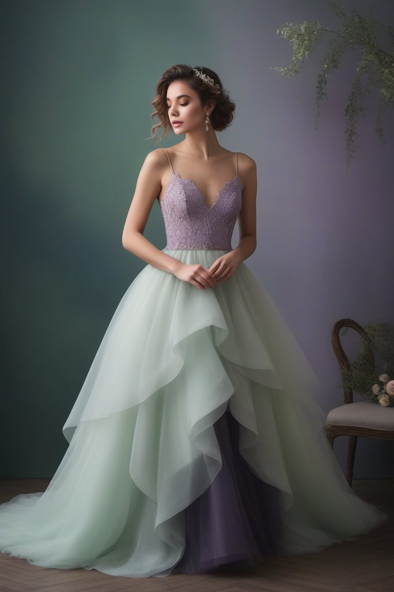 "A ethereal portrait of a young woman in a luxurious ballgown. The dress features a fitted dark lace bodice and a voluminous, layered tulle skirt in ombre shades from pale green to lavender to deep purple. The skirt is asymmetrical, shorter in front and longer in back. The model has wavy brown hair in a loose updo and natural makeup. She stands confidently with one hand on her hip. The lighting is soft and diffused, creating a dreamy atmosphere against a muted greenish-gray background. The overall effect is romantic and fairytale-like, reminiscent of high-fashion photography with a touch of fantasy."